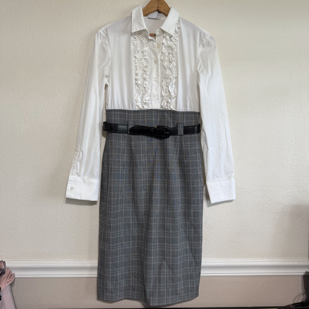 Maggy London Shirt Dress 6 White Gray vtg Plaid Skirt Ruffle Long Sleeve Belted